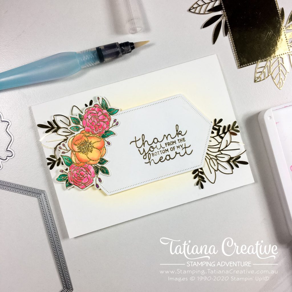 Tatiana Creative Stamping Adventure - Watercolour Floral Thank You Card using Bloom & Grow stamp set and Forever Gold Laser-Cut Specialty Paper both from Stampin' Up!®