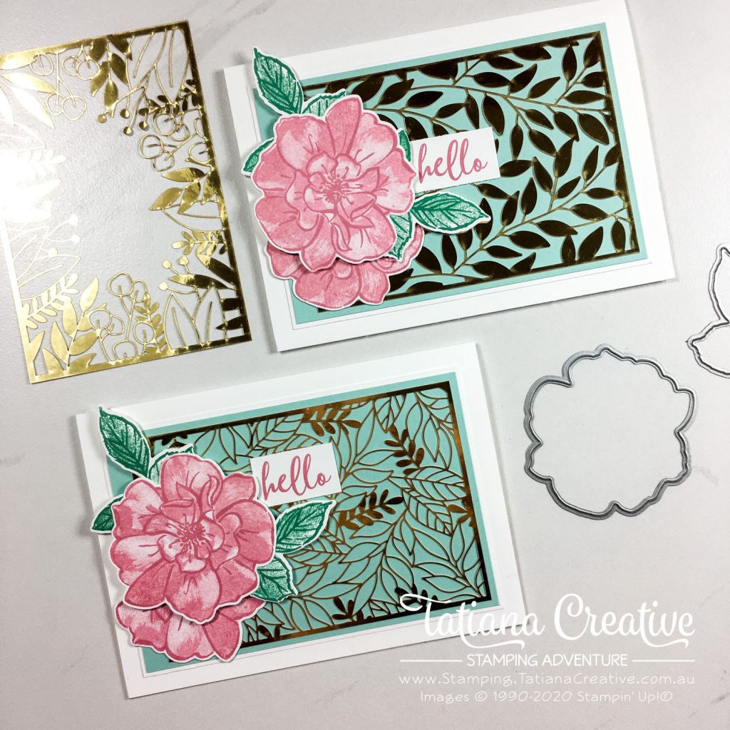 Tatiana Creative Stamping Adventure - Hello Floral card using To A Wild Rose stamp set and Forever Gold Specialty Laser-Cut Paper both from Stampin' Up!®