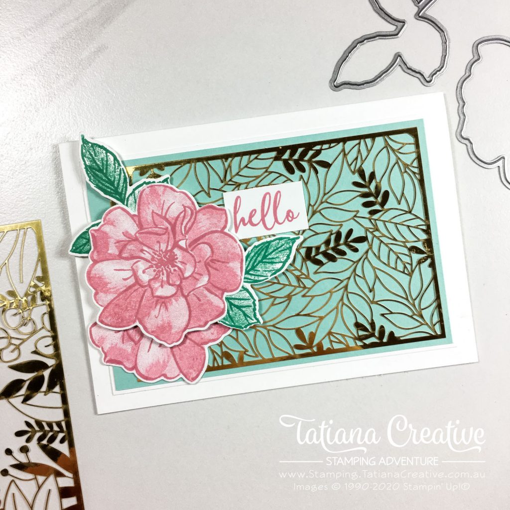 Tatiana Creative Stamping Adventure - Hello Floral card using To A Wild Rose stamp set and Forever Gold Specialty Laser-Cut Paper both from Stampin' Up!®