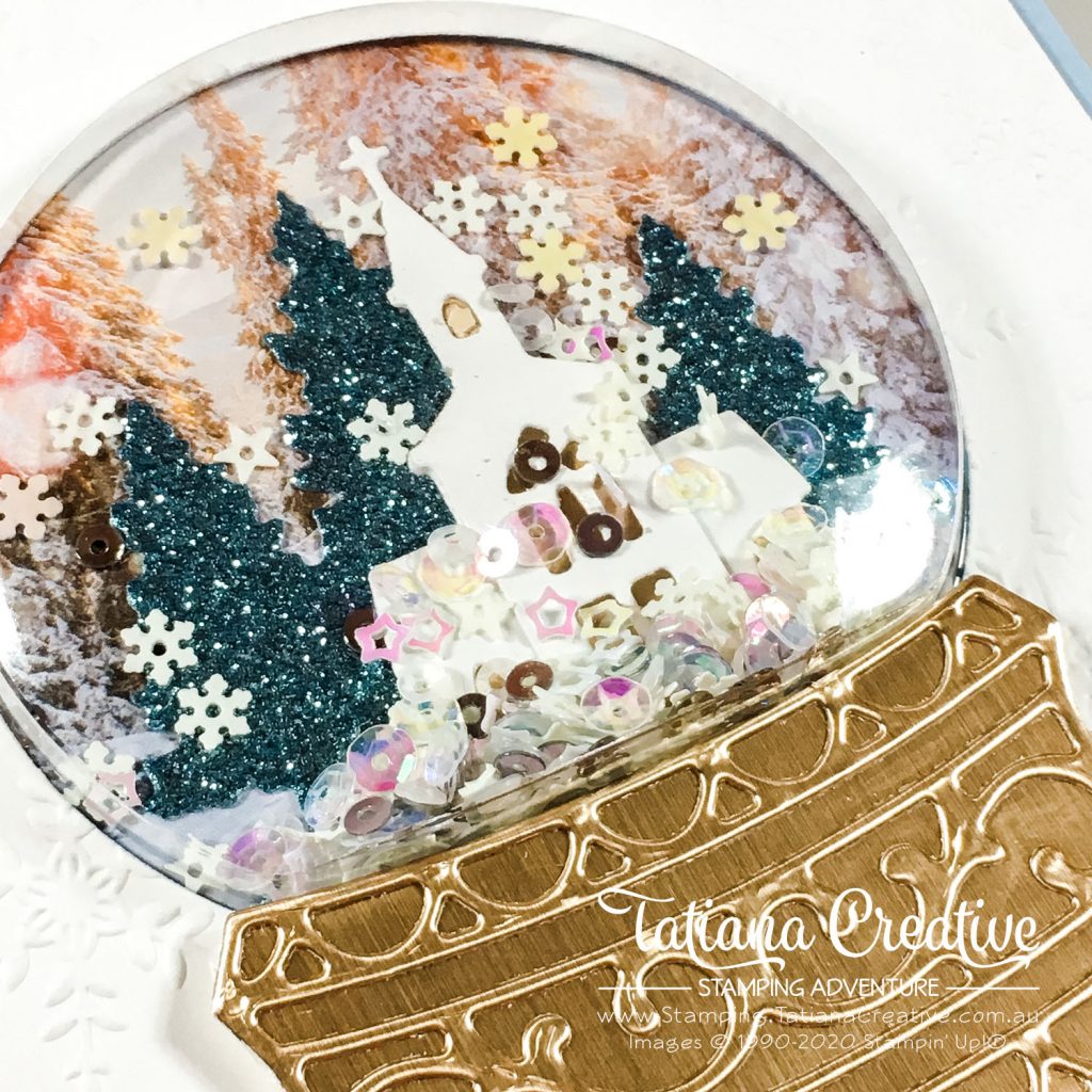 Tatiana Creative Stamping Adventure - Christmas Snow Globe Caard using Feels Like Frost DSP and Snow Globe Scene Dies both from Stampin' Up!®